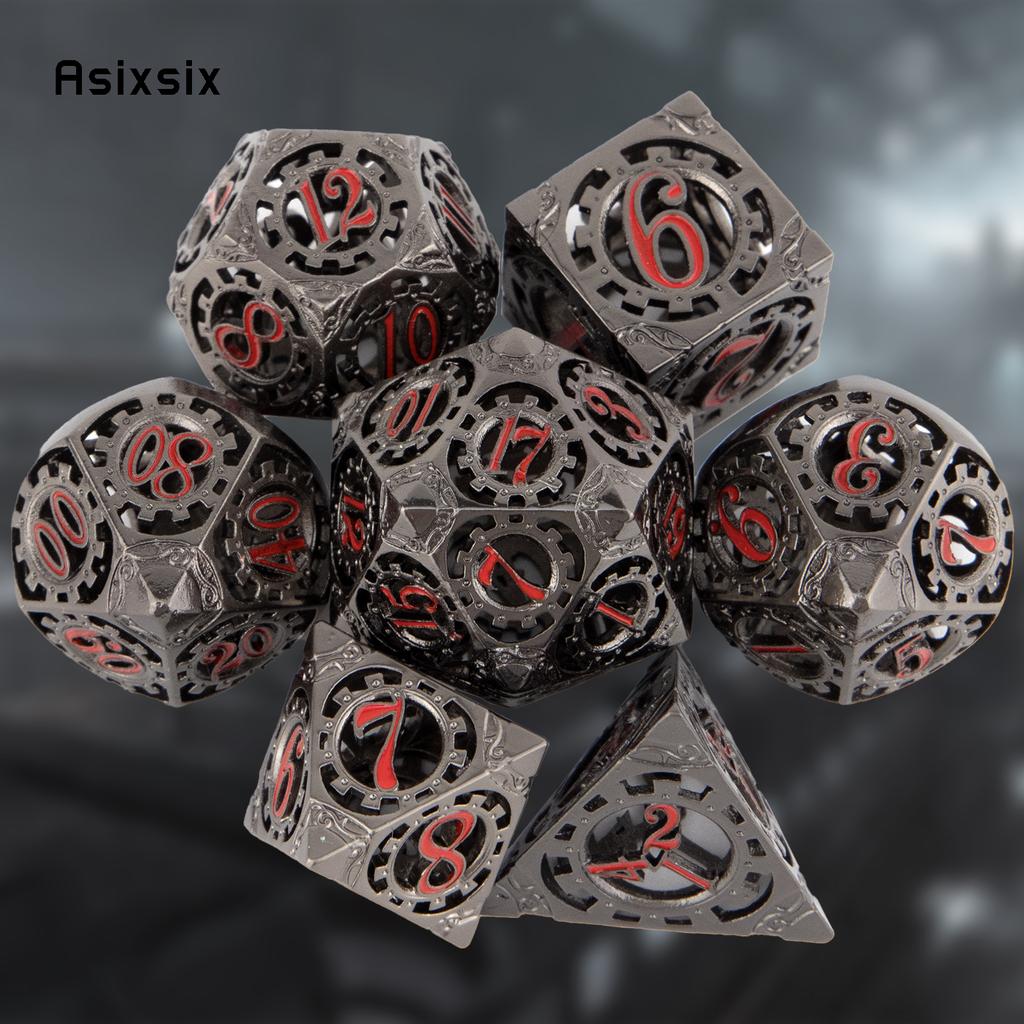 7 Pcs Black Red Gear Wheel Metal Dice Hollow Metal Polyhedral Dice Set Suitable for Role-Playing RPG Board Game Card Game