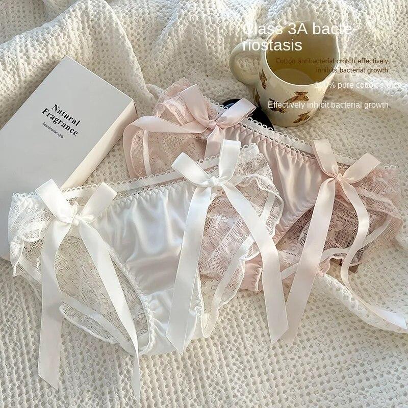Ladies Sexy Mesh Panties Mid-waist Seamless Lace Underwear Briefs Japanese Style Young Girl Underwear Pink Bow Lingerie