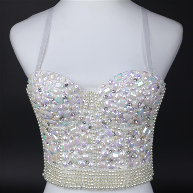 Crystal Rhinestone Diamond Acrylic Stone Pearls Camis Corset Bras Push Up Crop Top Women Carnival Club Party Cropped