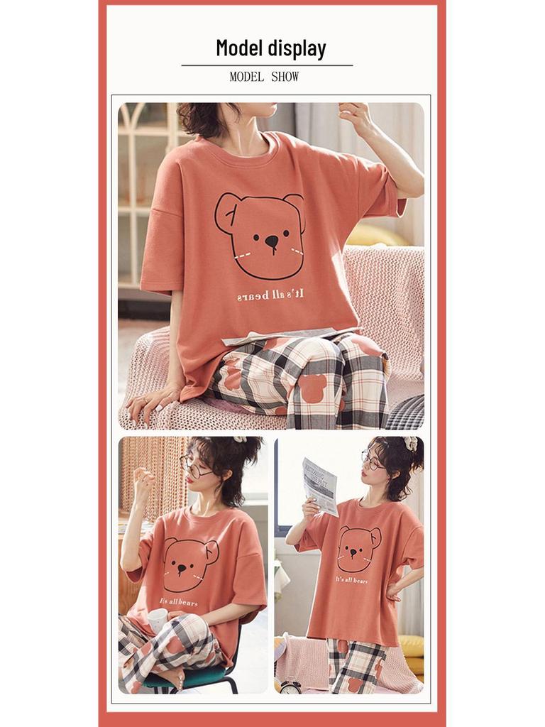 Женский летний пижамный комплект - Круглый вырез, Короткий рукав, Брюки длиной семь восьмых, Удобный повседневный костюм-двойка