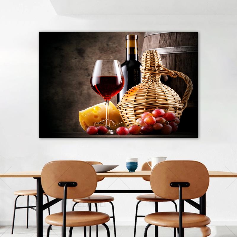 Плакаты и принты в виде стеклянных бутылок вина, картина на холсте, настенные художественные картины для столовой, домашний декор, деревянная бочка с виноградом, куадрос