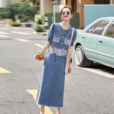 Костюм из денима с кружевной вставкой Xiaoxiang Fan, женский летний новый темпераментный приталенный суперкрасивый комплект из двух предметов для знаменитостей