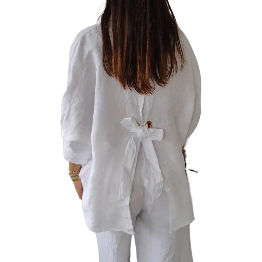 Весенне-осенняя женская рубашка, хлопково-льняная блузка, однотонные дизайнерские рубашки с лацканами и пуговицами сзади на шнуровке