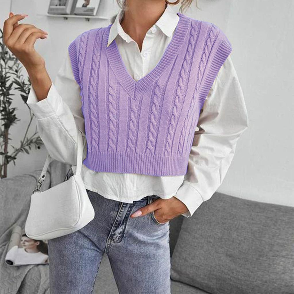 Women's Casual V-Neck Pullover Shirt Collision Color Sleeveless Sweater Vest