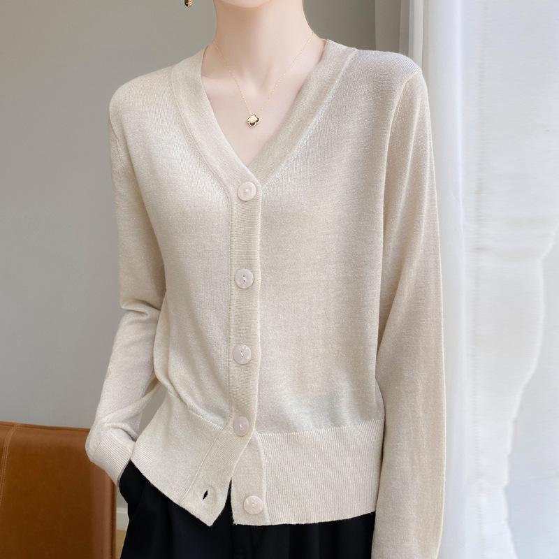 Весенне-осенний женский трикотаж, короткий свободный вязаный кардиган с длинными рукавами и v-образным вырезом, однотонная пряжка
