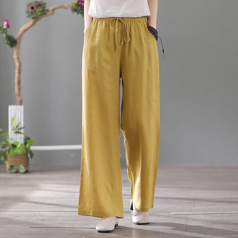 Женские брюки-шаровары, летние повседневные винтажные хлопковые льняные брюки с эластичной резинкой на талии, широкие брюки, модные свободные карманы, женские брюки