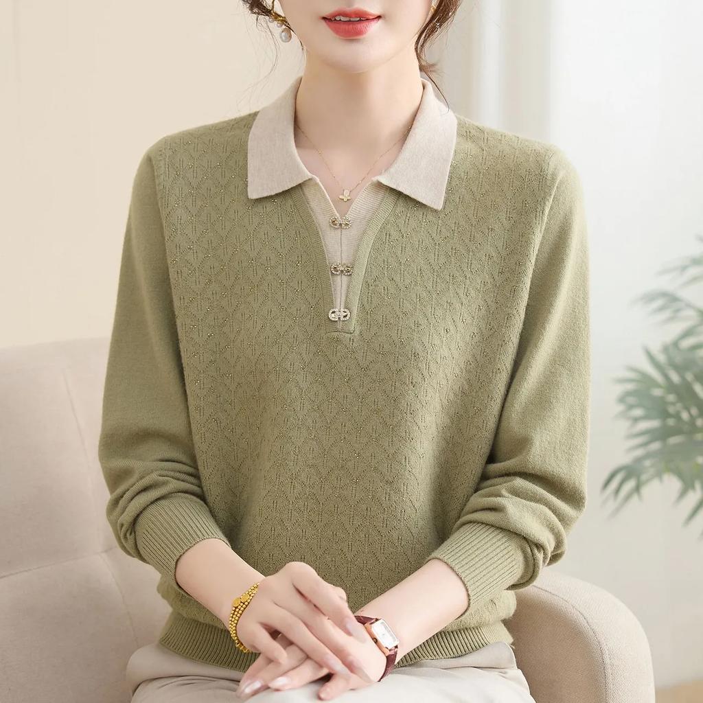 Осенний модный трикотажный свитер с длинным рукавом для пожилых женщин среднего возраста, базовый, с темпераментом, повседневный, с лацканами