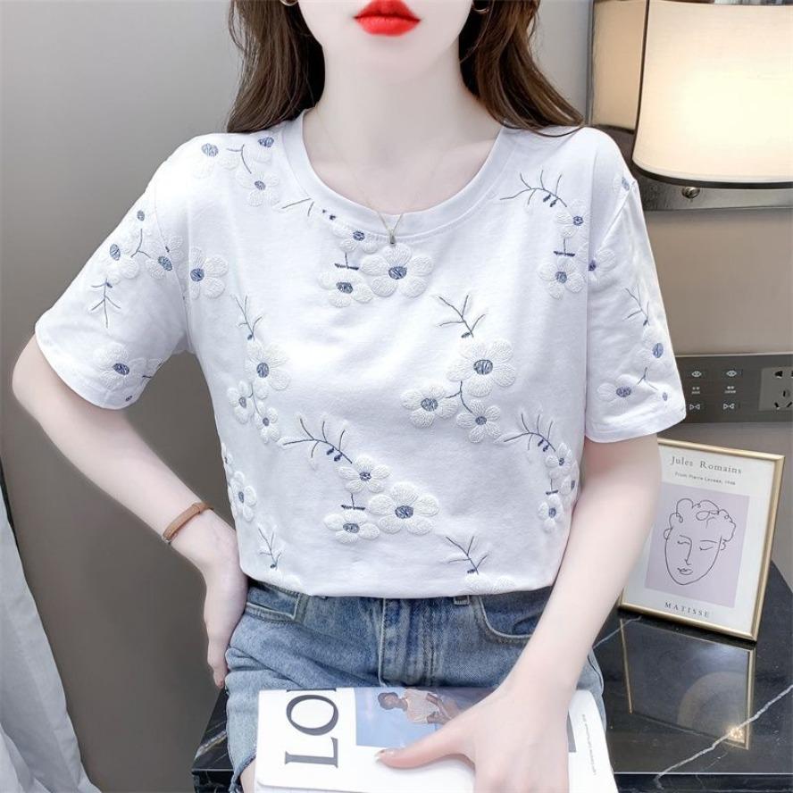 YYFS Женские модные повседневные летние весенние блузки и рубашки с цветочным узором и коротким рукавом с круглым вырезом