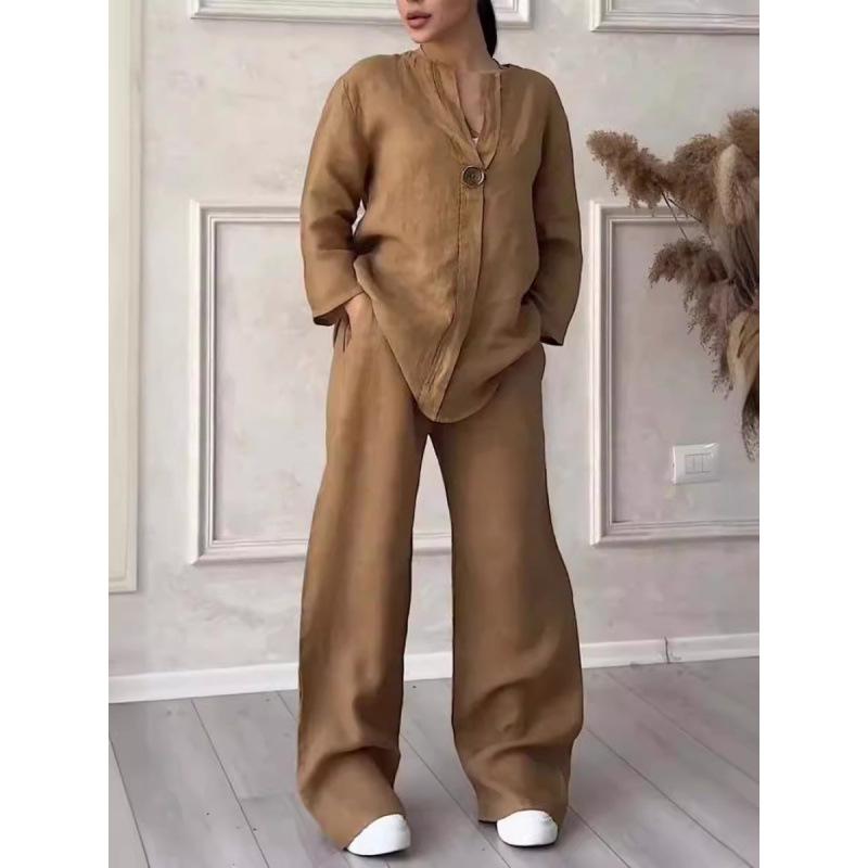 Европейский и американский летний модный женский комплект из хлопка и льна с V-образным вырезом и длинными рукавами на 2025 год