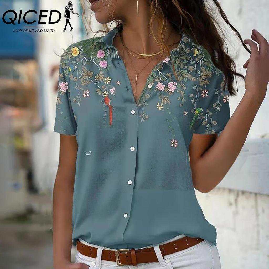 QICED Летняя женская одежда больших размеров: Свободная шифоновая блузка с коротким рукавом и принтом, топ с расклешенными рукавами для женщин