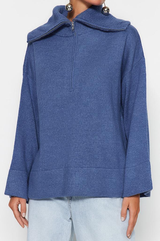 Women's Fashionable Stylish Sweater Stone Wide Fit Soft Textured Zippered Knitwear Sweater