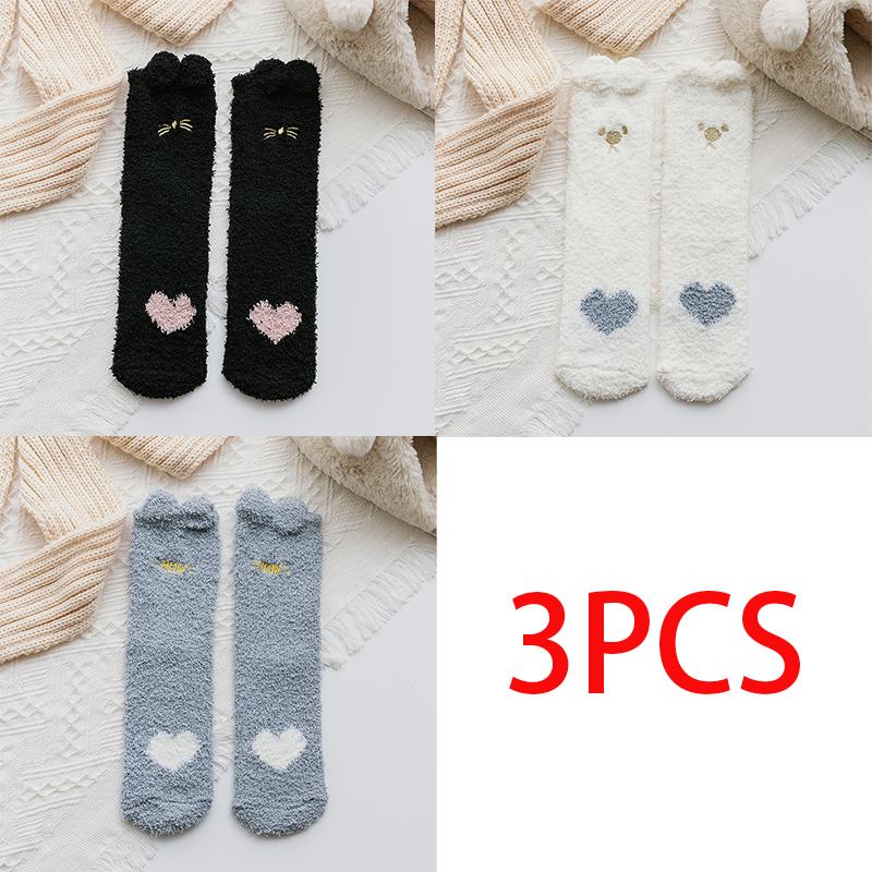 3/5 Pairs Winter Women Warm Socks Fluffy Plush Sleep Soft Cozy Girls Cute Cartoon Floor Socks