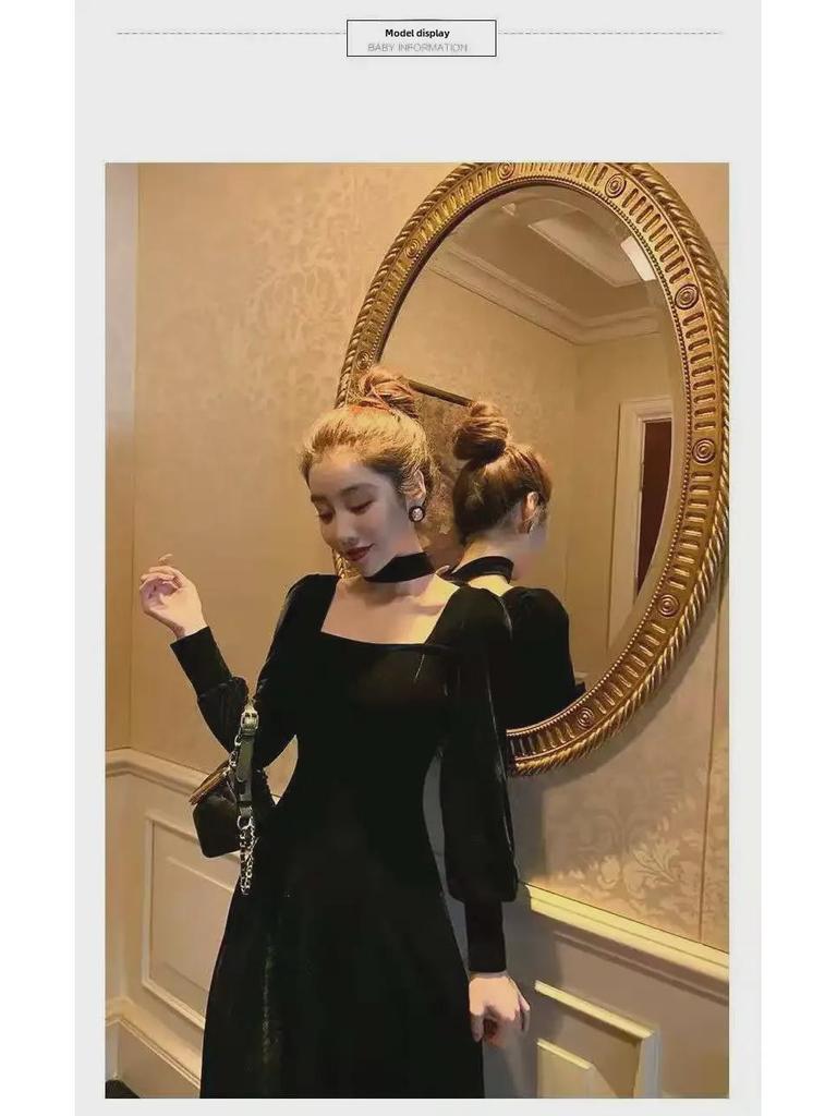 Elegant French Hepburn-Style Red Velvet Dress - Luxury, High-End Design