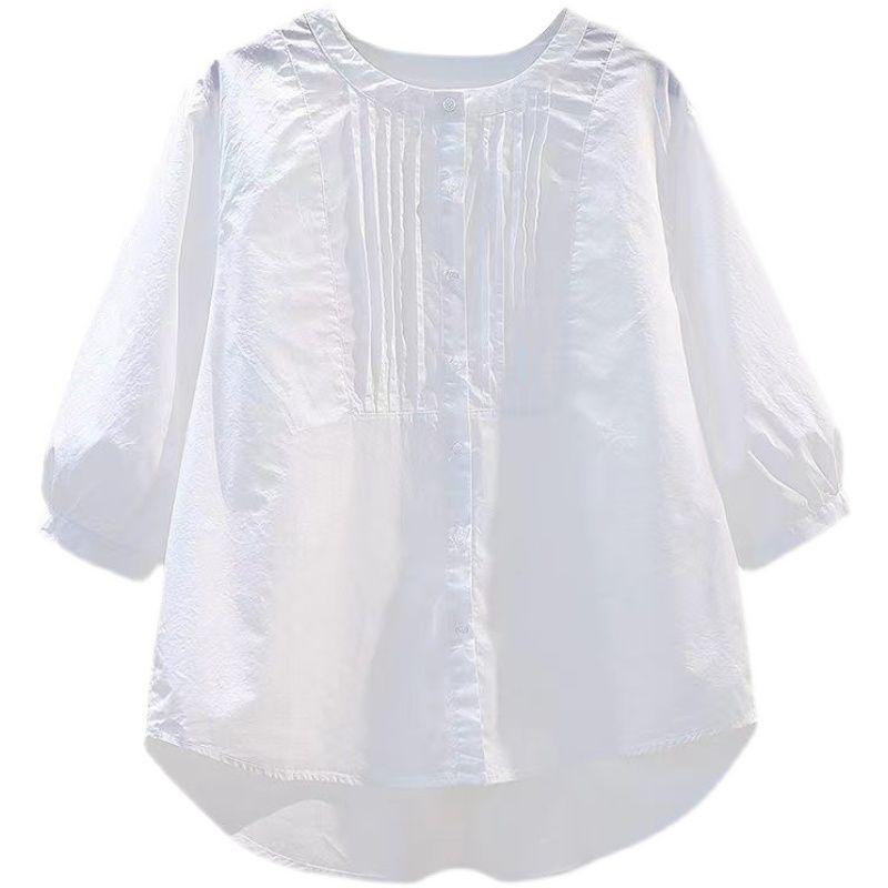 Белая хлопковая рубашка в корейском стиле женская летняя с круглым вырезом повседневная свободного кроя с коротким рукавом