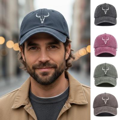 Washed Cotton Bull Skull Print Baseball Cap Hip Hop Sun Hat Casual Dad Hat For Man Women Unisex