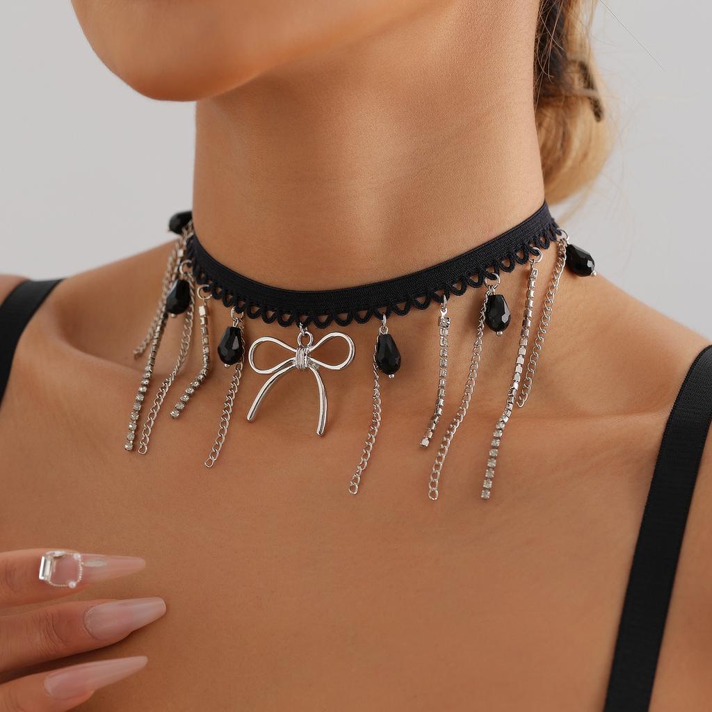 Accessories, Dark Wind Ribbon Neck Chain Bow Necklace, Halloween Tassel Chain Collarbone Chain Female