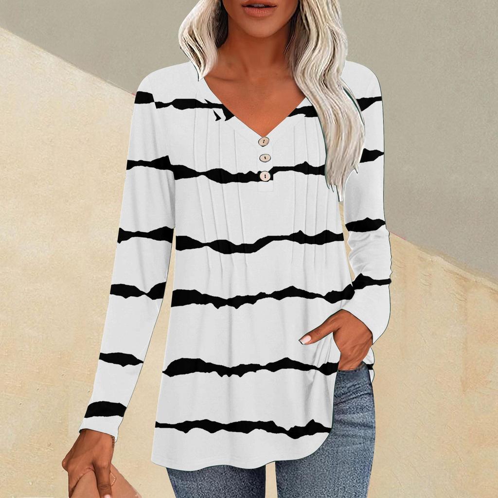 Women's Fashion Casual Pleated V-Neck Striped Printed Long Sleeve T-Shirt Top