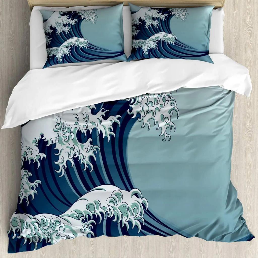 Japanese Wave Duvet Set Three-Piece Set, Japanese Traditional Painting Sea Theme Bedding Set