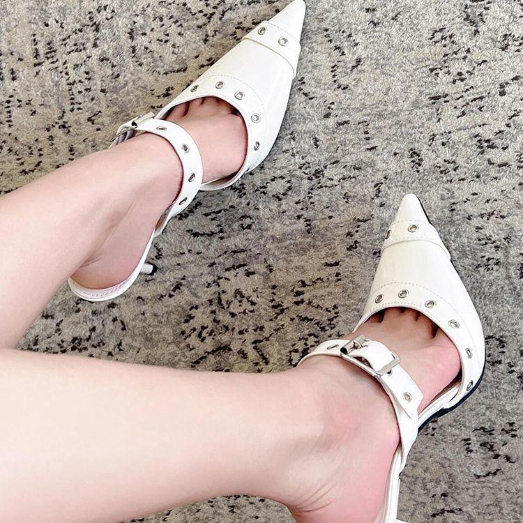 Spice Girl Personality Belt Buckle Rivet White High Heels 2025 New Muller One-Word Buckle Belt Baotou Half Slippers Women