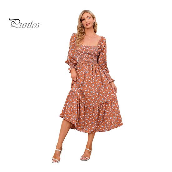 Женское платье с длинными рукавами, цветочным принтом, А-силуэтом, квадратным вырезом, миди-платьем, эластичным бюстом, открытой спиной, плиссированным подолом, весна-осень