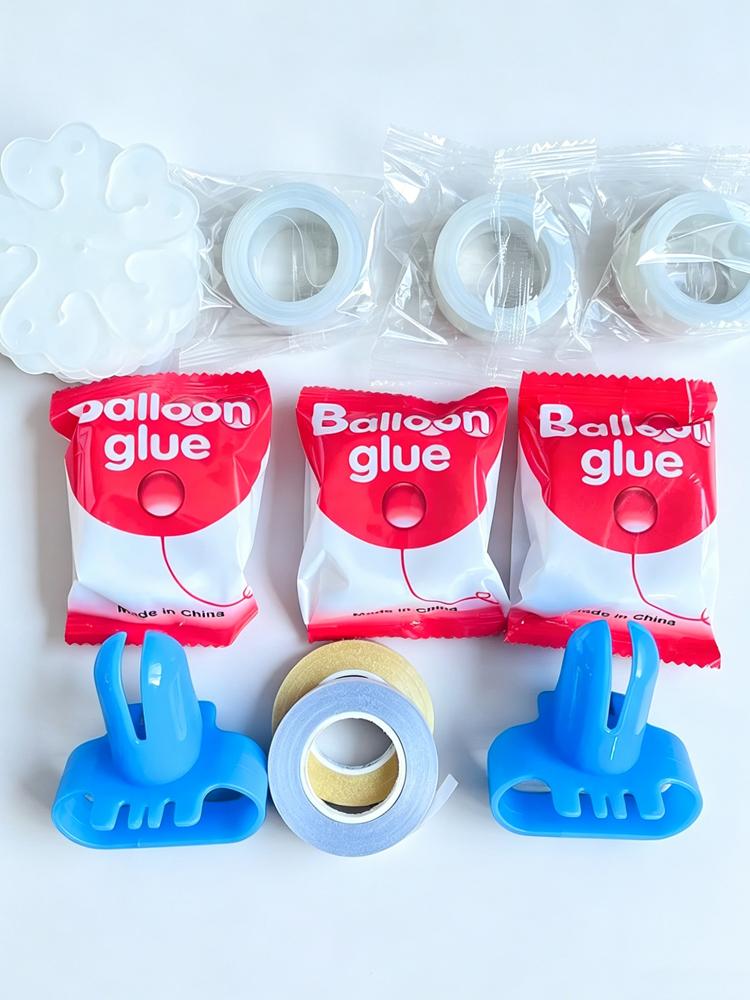 Balloon decoration tool set includes glue, balloon chain, knotter, and ribbon. For birthday and holiday decoration balloon tools
