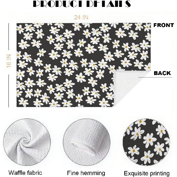 Daisy Waffle Towels, Floral Hand Towel, Floral Black & White Decor for Kitchen Bathroom, Gift for Hostess, Daisy Gift Dish Tea Towels,16x24 Inch.