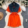 Women Casual Shirt Dress Korean Summer Short Sleeve Patchwork Denim Short Dresses Female Slim Drawstring High Waist Dress
