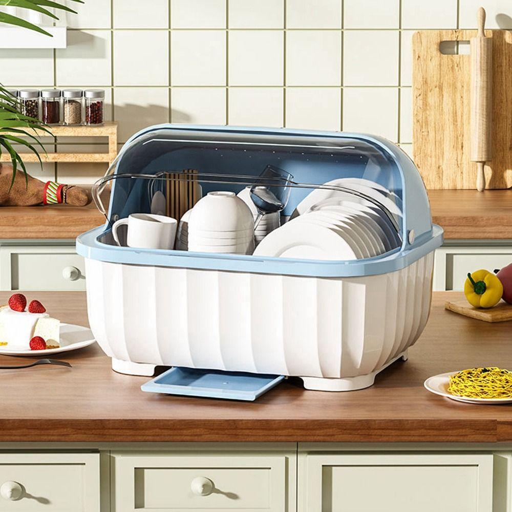 Cupboard Dust Proof Semi-flip Cover Bowl Storage Plate Holder Drain Rack Dish Rack Storage Box