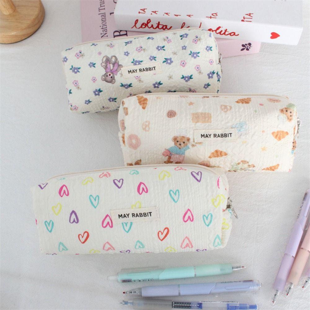 Large Capacity Bow Print Pencil Case INS Makeup Bag Simple Pen Bags Back to School Gifts