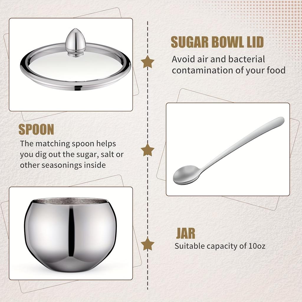 1 шт. 330 мл (10 унций) Сахарница из нержавеющей стали со стеклянной крышкой и ложкой - Идеально подходит для аксессуаров кофейного бара и кухонного хранения