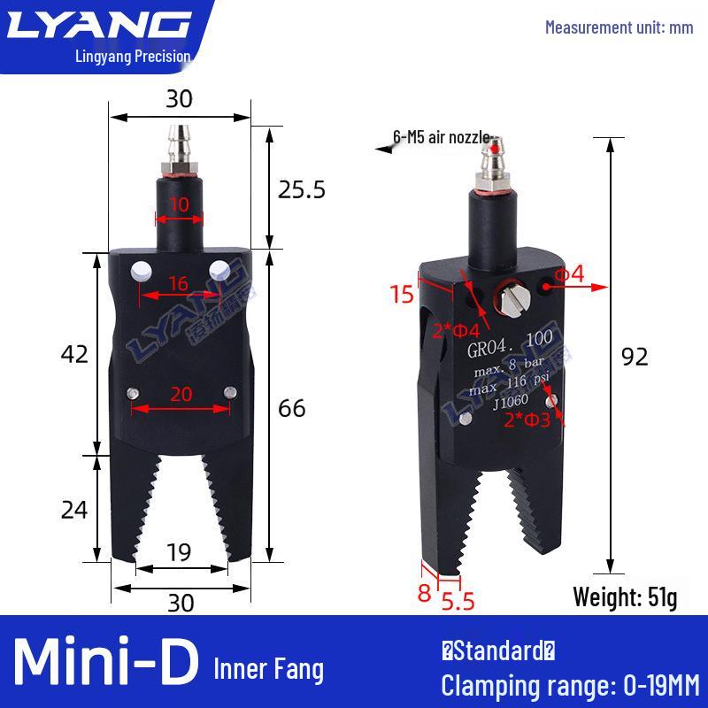 Pneumatic Mini Grippers: A/B/C/E Robot Arm Clamps for Injection Molding (J1060/J1080).