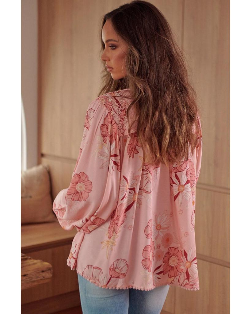 Azura Exchange Multicolor Floral Tasseled V Neck Puff Sleeve Blouse