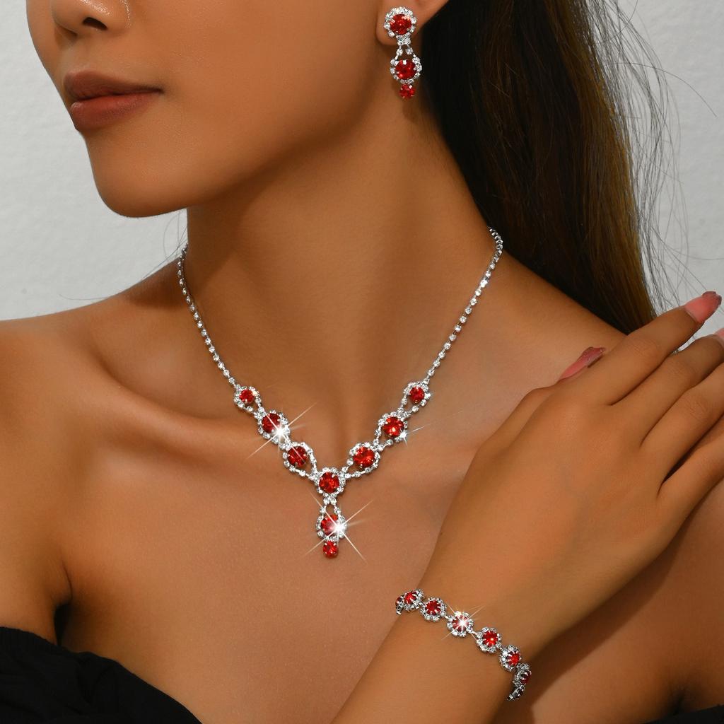 3/4pcs Sweet Romantic Style Colored Zircon Inlaid Women's Necklace Earrings Bracelet Set Banquet Dress Elegant Accessories