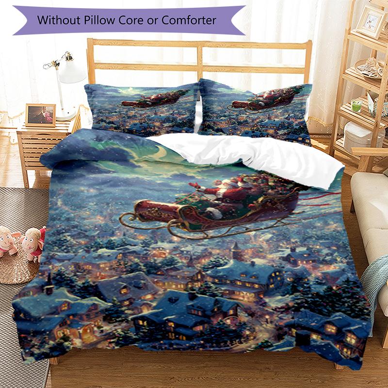 3pcs Christmas Santa Claus Bedding Set Duvet Cover Closure Includes 1 Duvet Cover & 2 Pillowcases, Soft and Comfortable for All Seasons.