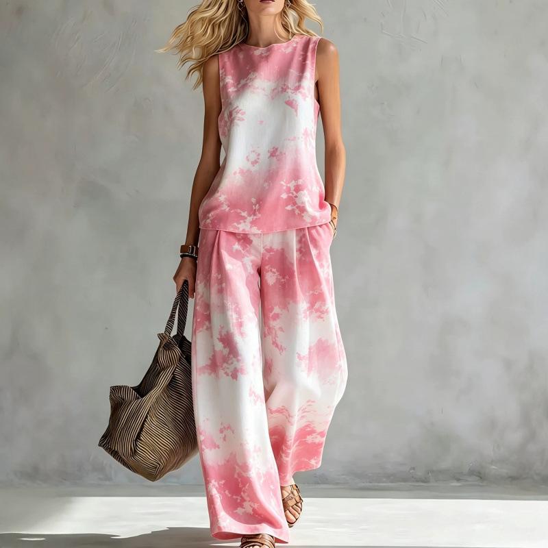 Crew neck top wide leg pants two-piece set women's casual suit European and American summer new rainbow tie-dye sleeveless