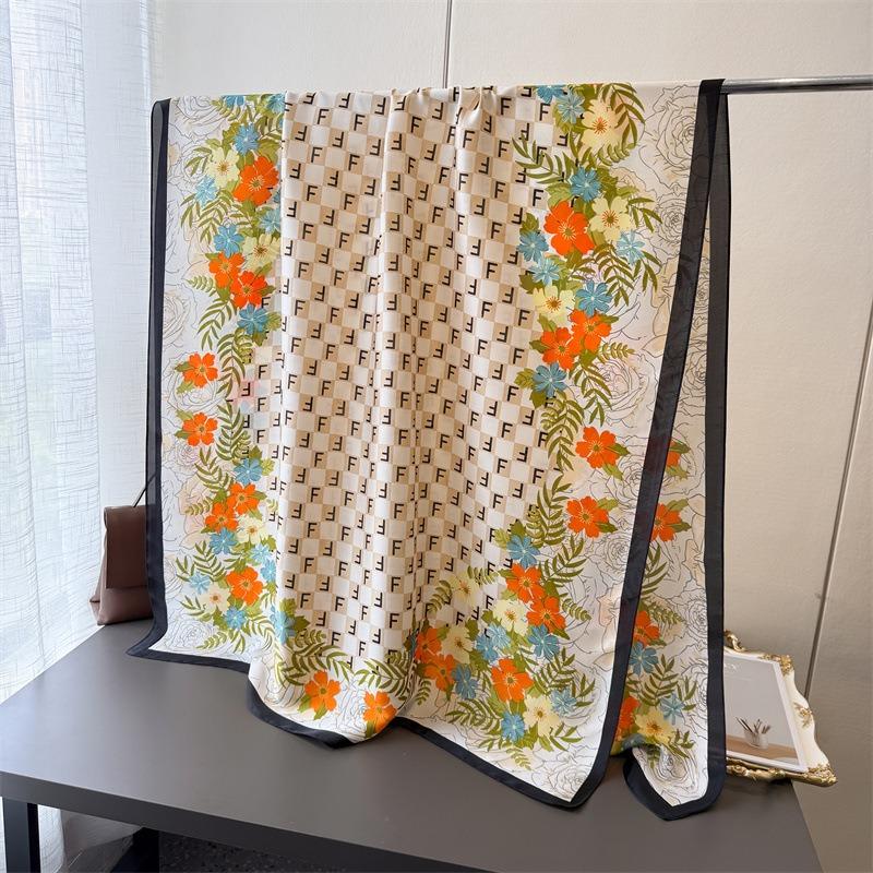 Letter Plaid Simulation Silk Brocade Fashion Sunscreen Spring and Summer Style Silk Scarf Long Scarf Shawl Versatile Headscarf Scarf