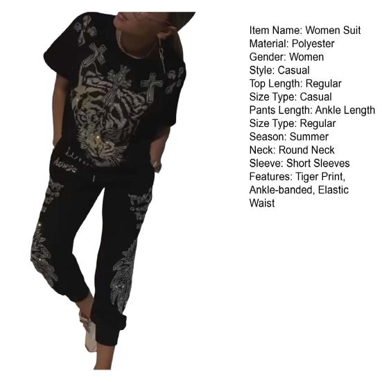 2 Pcs/Set Women T-shirt Pants Set Tiger Print Round Neck Short Sleeves Top Ankle-banded Elastic Waist Trousers Casual Daily Wear Outfit