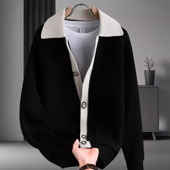 Мужской свитер, пальто, толстый, цветной, застежка на пуговицы, отложной воротник, трикотажная, свободная, сохраняющая тепло куртка, осень