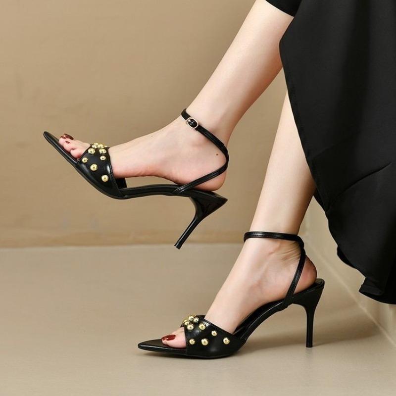 Мюли с открытым носком на шпильке, слипоны, золотые заклепки в качестве декора, классические, сексуальные, женские летние сандалии для платья, вечеринки