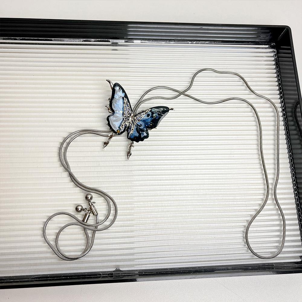 2025 New Metal Blue Butterfly Necklace for Women Long and Pullable Light Luxury Collarbone Chain Fashion Sweater Chain Pendant