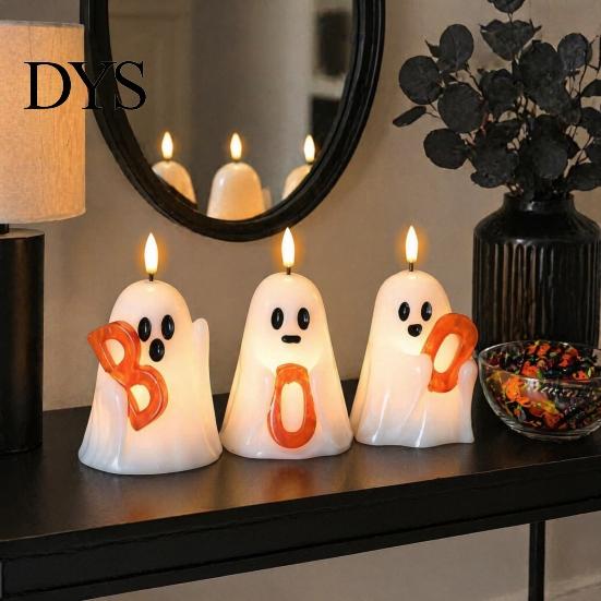 Halloween Ghost Decoration Flameless Candle, Cute Holding BOO Letter Tealight, Small Desk Glow Props Battery Operated LED Flickering Light for