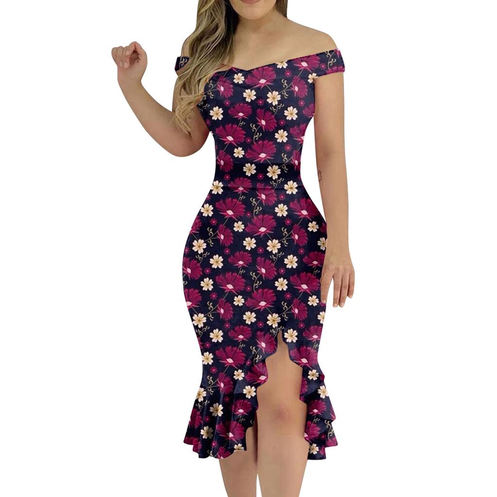 Женское сексуальное платье с открытыми плечами и принтом, плотное платье с нерегулярной нижней частью