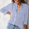 Women Casual Shirt Lapel Long Sleeve Chest Pocket Shirt Tops Vertical Striped Print Single