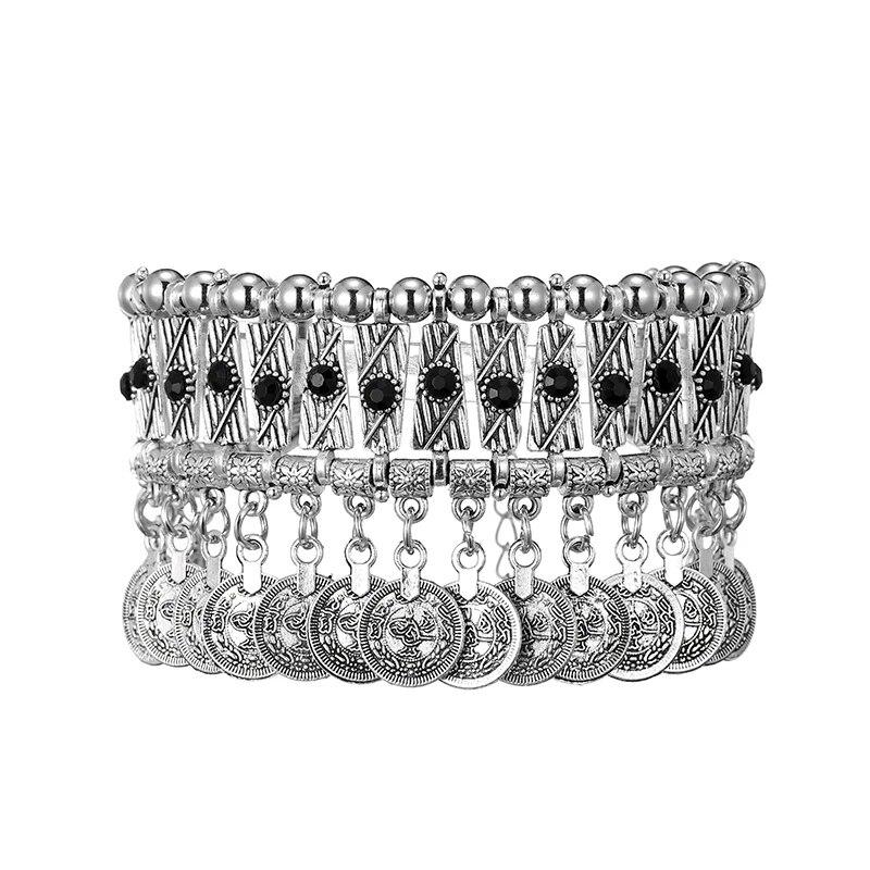 Винтажные массивные браслеты с кисточками для монет, модные металлические браслеты ручной работы с кристаллами и стразами, регулируемый этнический браслет
