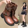 New Women Western Cowgirl Boots Fashion Side Zipper Belt Buckle Shoes British Style Autumn Winter Ladies Knight Mid Calf Booties