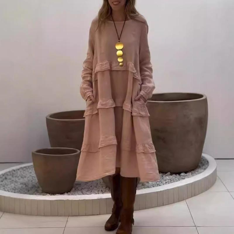 Женское весенне-летнее платье с длинными рукавами, круглым вырезом и оборками