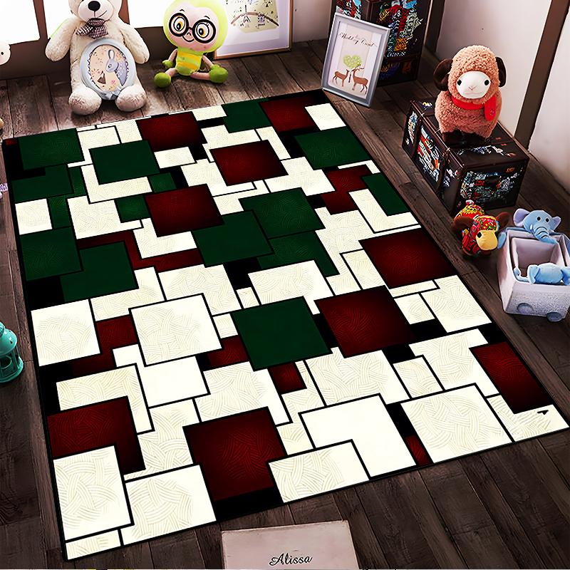 Geometric Carpet with Red, Green, and Beige Square Pattern Design Suitable for use as an anti-slip for living room bedroom sofas