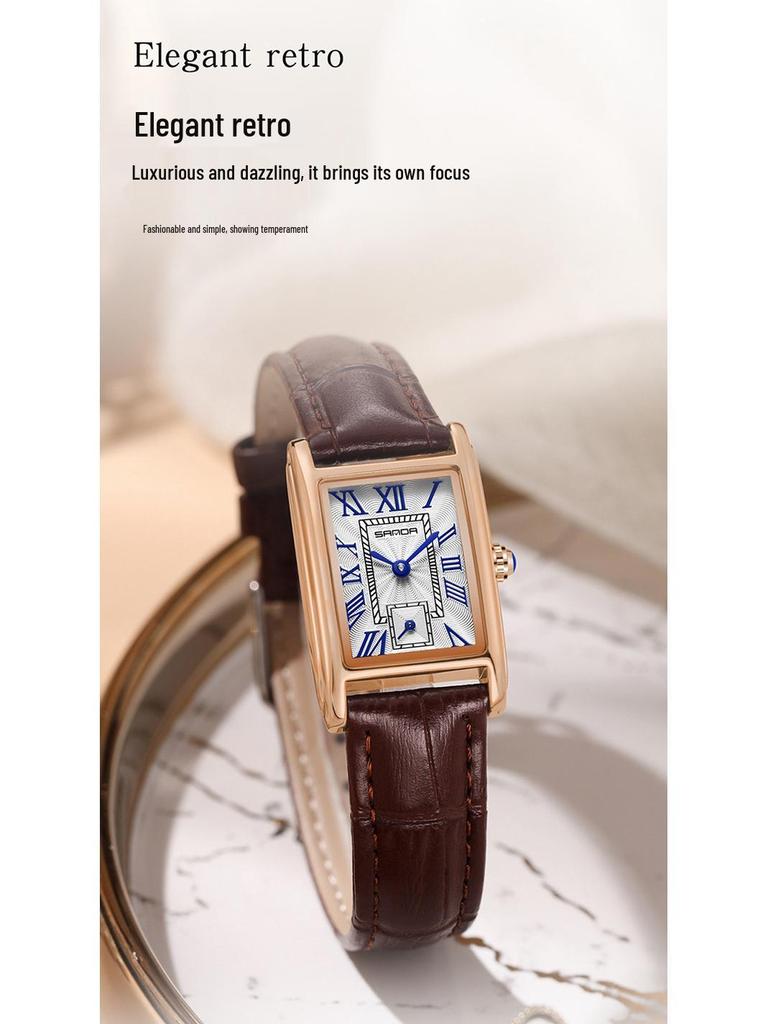 Стильные квадратные часы Sanda из стали и кожи, кварцевые, с римскими цифрами, водонепроницаемый дизайн для женщин