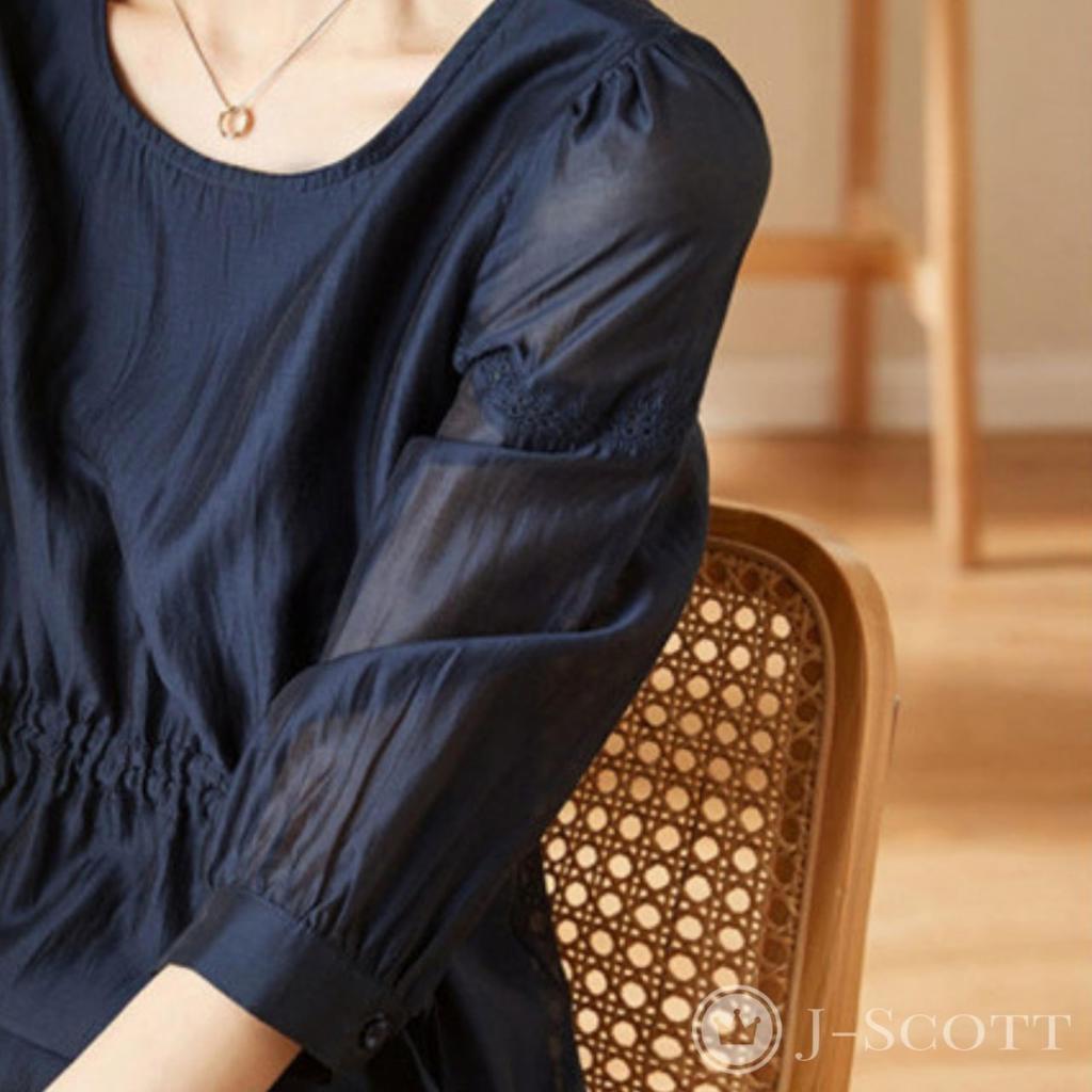 J-Scott Women's Navy Chiffon Blouse with Sheer, 3/4 Sleeves, Gathered Ribbon, and Lace (JS143-NV-S) - Limited Stock