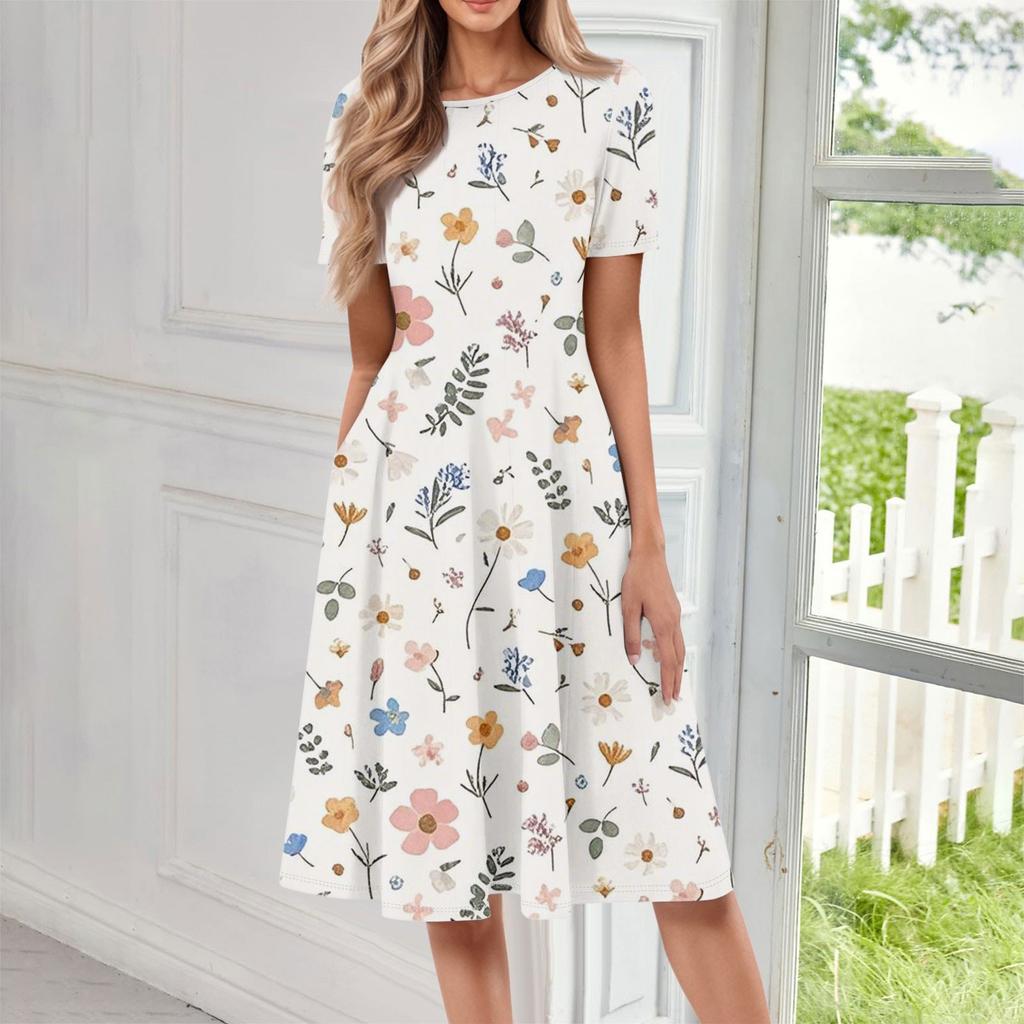 Женское повседневное модное платье миди с круглым вырезом и коротким рукавом с цветочным принтом